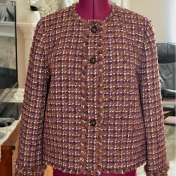 Ann Taylor Brown Cherrywood Fringe button-up Tweed Blazer/Jacket - Picture 3 of 9